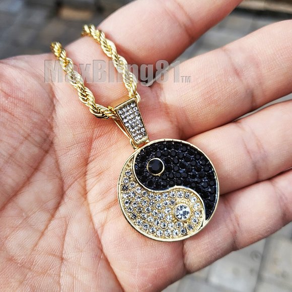 Iced Ying Yang Pendant & 4mm 24" Rope Chain Bling Hip Hop Gold Silver Necklace - Picture 3 of 6